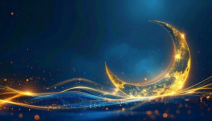 Abstract Glowing Crescent Moon and Swirling Lights on a Deep Blue Cosmic Background