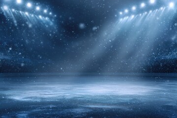 Empty ice arena under bright stadium lights with falling snow