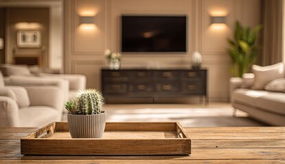 Cozy living room with cactus on tray in foreground