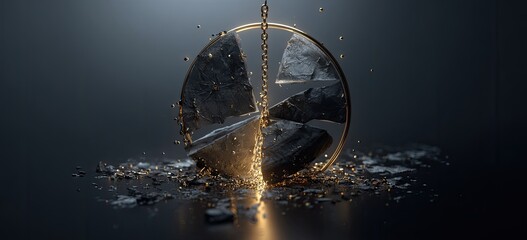 A golden chain suspends a fractured circular object with dark, rough fragments