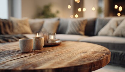 Cozy living room with candles and a plush sofa, bathed in soft light