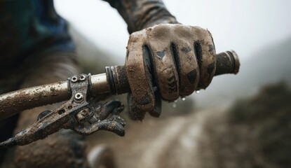 Mud-caked hand grips handlebars, ready for extreme trail riding
