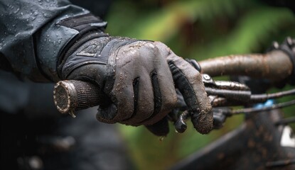 Muddy hand in glove grips handlebars of a dirt bike in wet weather