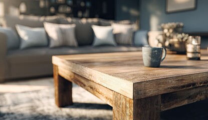 Cozy living room with a coffee mug on a rustic wooden table