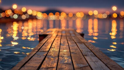 Wooden pier leading into water with glowing city lights at dusk