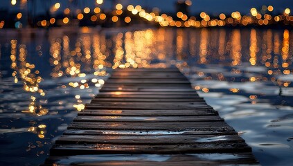Wooden pier leading to blurred city lights reflecting on water at dusk