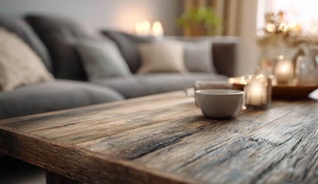 Cozy living room with a rustic coffee table and sofa