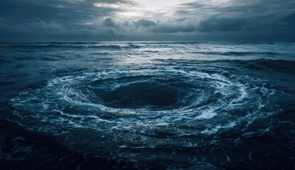 A powerful ocean vortex churns dark blue water under a cloudy sky