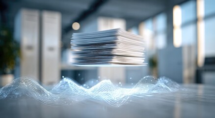 Stack of documents levitating above a glowing, wavy digital data stream