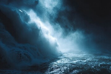 Turbulent, powerful ocean waves crash under dramatic, glowing light in a stormy seascape