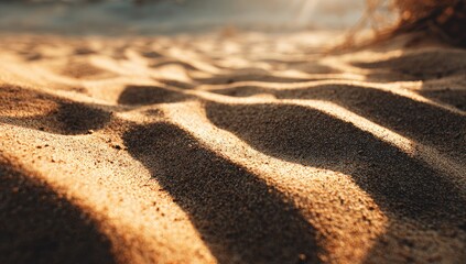 Close-up of sunlit sand dunes with casting shadows, suggesting a beach