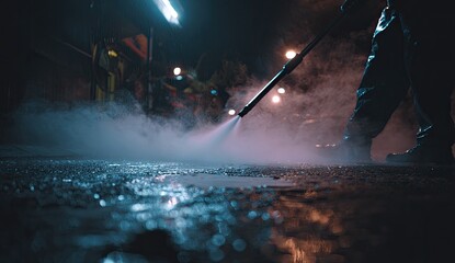 Person using high-pressure washer on dark, wet pavement, creating mist