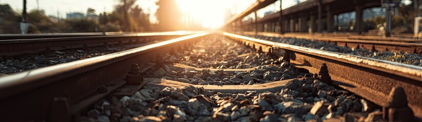 Railroad tracks stretching towards a bright, hazy sunset