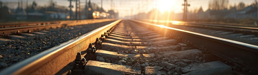 Railway tracks stretching towards a sunlit horizon at dawn