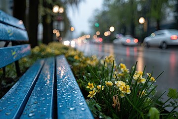 Blue bench and yellow flowers on a wet, urban street at dusk