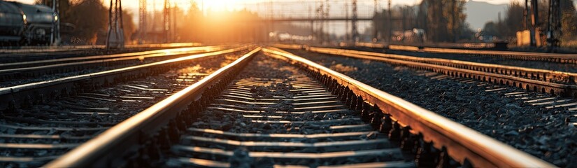 Railroad tracks stretch into the distance under a golden sunset