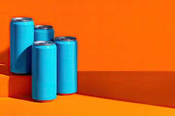 Bright blue beverage cans are arranged on an orange, sunlit surface
