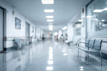 Empty hospital corridor with waiting chairs and bright overhead lights