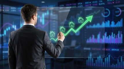 Businessman analyzing a digital interface with real estate market data and an upward growth trend finance