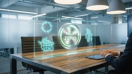 Businessman in modern office viewing holographic display of Net Zero emissions concept with environmental icons