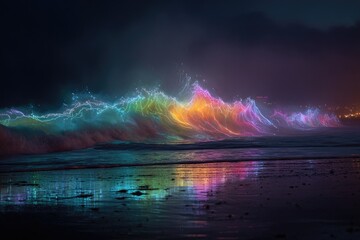 Neon-lit ocean wave crashes onto dark shore, reflecting vibrant colors