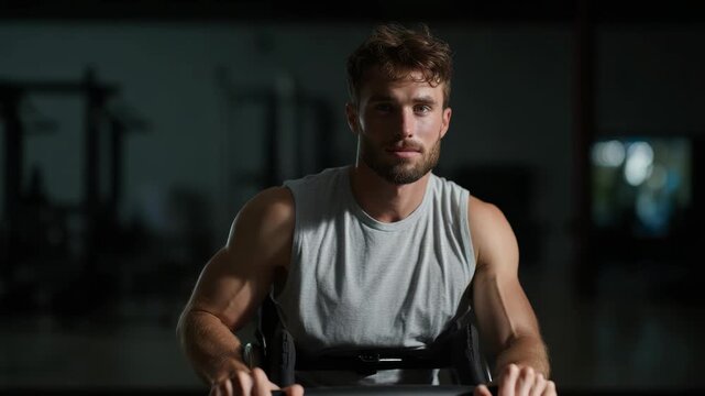 Motivated young man working out in the gym during evening training session