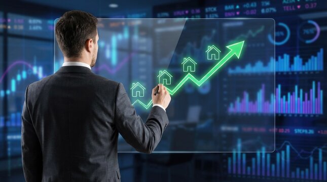 Businessman analyzing a digital interface with real estate market data and an upward growth trend finance - Powered by Adobe