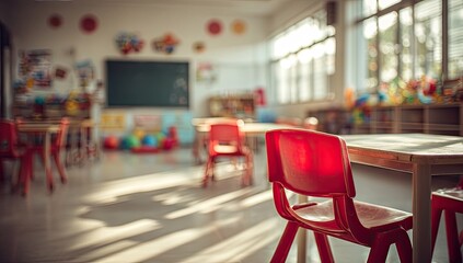 Bright, sunlit classroom with red chairs and tables, colorful decorations
