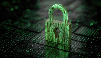 Green binary code emanates from a locked padlock on a circuit board