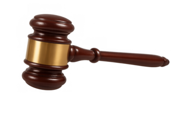 Gavel representing law, justice, verdict, and courtroom authority. Wooden mallet with golden band embodying legal power