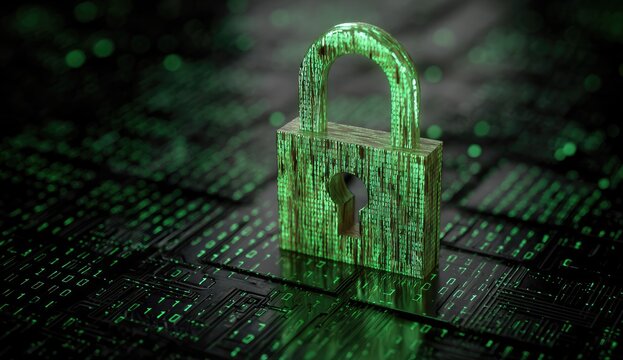 Green binary code emanates from a locked padlock on a circuit board - Powered by Adobe