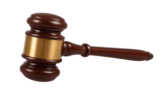 Gavel representing law, justice, verdict, and courtroom authority. Wooden mallet with golden band embodying legal power - Powered by Adobe
