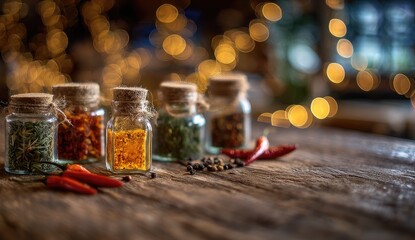 Spices in jars with warm lights and chili peppers on a wooden surface