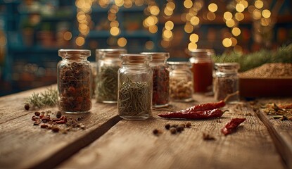 A collection of dried herbs and spices in small glass jars on a wooden table