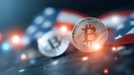 Cryptocurrency coins are placed on a dark surface with American flag background, symbolizing financial innovation and digital currency trends
