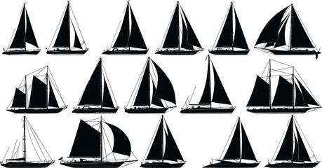 Sailboat silhouette collection, black and white vector, nautical vessel icons, sailing ship design, maritime illustration set, ocean transport art © farzana