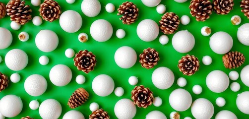 White balls and pine cones arranged in a repeating pattern on a green background,  winter,  white ball