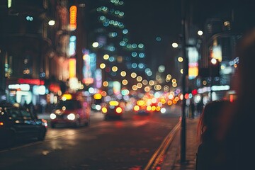 Blurred city street at night with bokeh lights, cars, and buildings