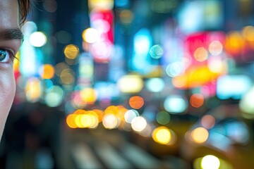 A person's eye gazes out at a blurry, vibrant, glowing cityscape at night