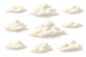White fluffy 3d cumulus clouds set floating in the sky, a collection of soft atmospheric weather elements on a transparent background