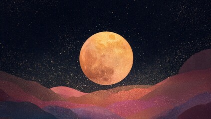 A large, orange moon above layered hills at night