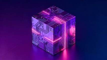 Futuristic Abstract Cube with Glowing Neon Circuitry on Dark Technology Background