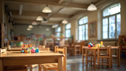 Empty, sunlit classroom with wooden tables, chairs, and toys