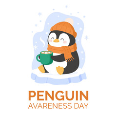 Cute penguin enjoying warm drink on ice celebrates Penguin Awareness Day mood, cozy winter scene highlighting Penguin Awareness Day message and inspiring wildlife care.