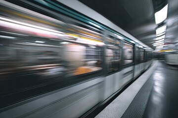 Blurred motion of a modern train speeding through a dimly lit subway station
