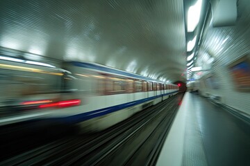 Blurry motion of a fast-moving passenger train in a subway tunnel