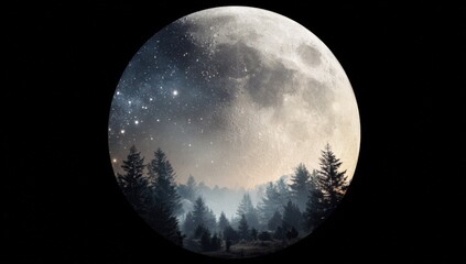 Full moon over a misty forest at night