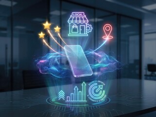 Smartphone projecting holographic local shop analytics and business growth data in a futuristic office