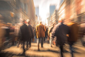 A blurred street scene of people walking down a busy urban street