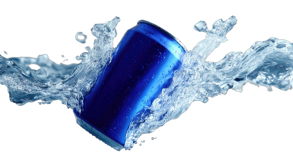 Blue beverage can splashing in cool, clear, refreshing water, creating a dynamic motion